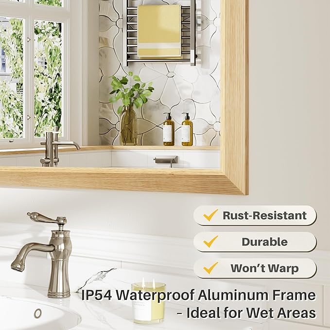 36x36 Inch Bathroom Mirror for Wall, Anti-Rust Oak Wood Grain Metal Framed Bathroom Mirrors for Over Sink,Rectangler Mirrors for Bathroom Vanity, Farmhouse, Bedroom, Living Room, Entryway Decor