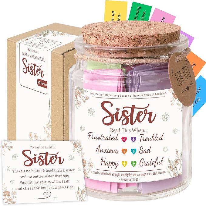 Bible Verse Jar for Sister – 92 Color-Coded Scriptures for Encouragement, Birthday Present for Sister from Mom, Daughter-in-Law Gift Idea, Faith & Comfort Jar, Inspirational Christmas Gift for Sister