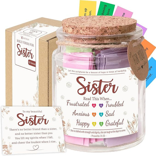 Bible Verse Jar for Sister – 92 Color-Coded Scriptures of Encouragement, Birthday and Christmas Gift for Sister, Christian Gifts for Women, Inspirational Jar, Meaningful Present from Sister