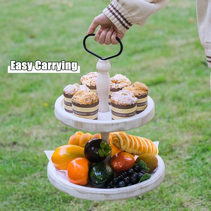 Mustry Rustic Wooden 2 Tiered Tray, Round Farmhouse Kitchen Table Decor Serving Tier Tray, Food Fruits Cupcake Display Coffee Bar Home Party Seasonal Decorations (White)