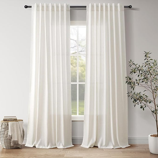 Nanspring Natural Linen Curtains for Living Room 100 Inches Long Rustic Farmhouse Decor Light Filtering Semi Sheer Curtain Back Tab and Rod Pocket Luxury Drapes for Bedroom Office 52x100, 2 Panels