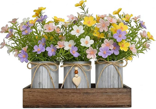 Artificial Gypsophila Baby's Breath, Rustic Table Centerpieces Home Decor for Dining Room, Farmhouse Wood Planter Box with 3 Galvanized Metal Pots Decorative Table Centerpiece