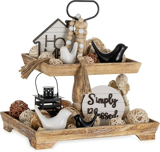 Hanobe Tiered Tray for Table Decor: 2 Tier Serving Stand Farmhouse Decorative Tray for Coffee Bar Centerpiece Rectangle Wood Display Stands Kitchen Counter (Rustic Brown)