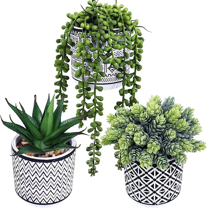 Winlyn 3 Pcs Small Potted Succulents Plants Artificial String of Pearls Aloe Hops Succulents in Black Geometric Concrete Pots for Gifts Modern Home Bathroom Window Table Indoor Outdoor Greenery Décor