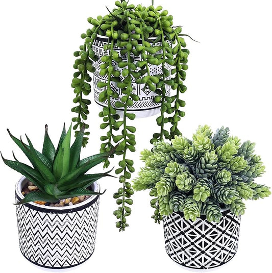 Winlyn 3 Pcs Small Potted Succulents Plants Artificial String of Pearls Aloe Hops Succulents in Black Geometric Concrete Pots for Gifts Modern Home Bathroom Window Table Indoor Outdoor Greenery Décor