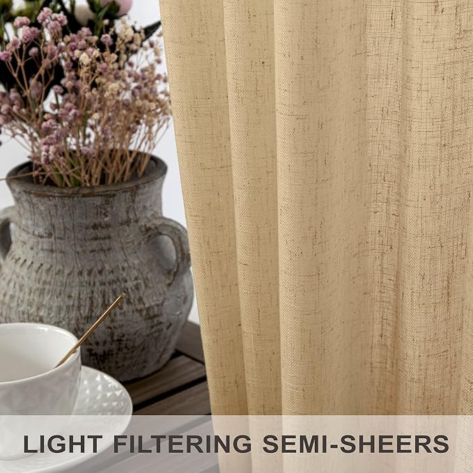 Burlap Color Curtains 63 Inch Length for Bedroom 2 Panel Back Tab Pocket Cotton Canvas Woven Textured Flax Linen Semi Sheer Lightweight Soft Taupe Brown Tan Curtain for Kitchen Cafe Cottage Core Decor
