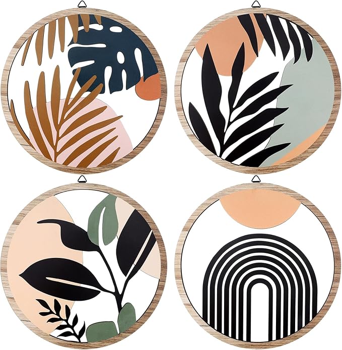 Qunclay 4 Pcs Boho Wall Art Bohemian Wooden Round Circle Wall Decor Hollow out Hanging Farmhouse Aesthetic for Bedroom Living Room Bathroom Bedroom Bathroom Patio Apartment Gift 10 Inch(Elegant)