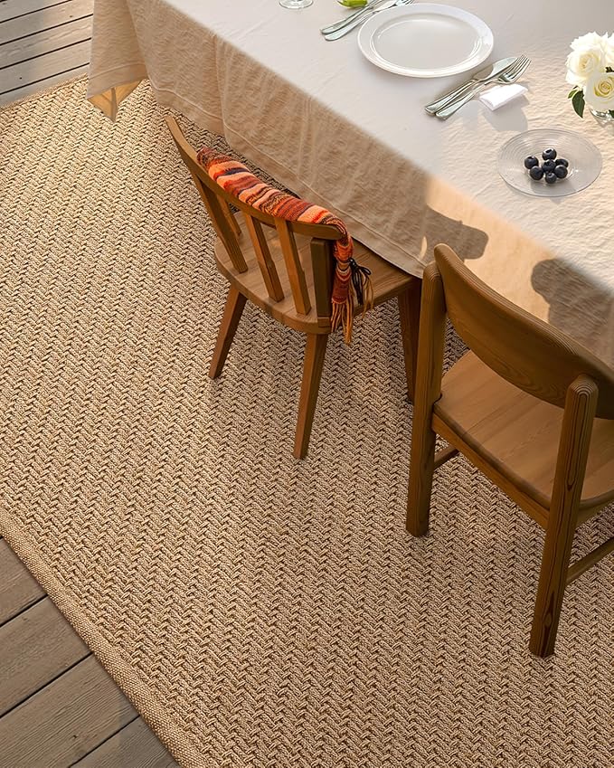 Color&Geometry 6x9 Jute Rug Indoor/Outdoor,Reversible Tan Handwoven Natural Fiber Herringbone Area Rug with Non-Woven Fabric Core, Easy Clean Relaxed Natural Decor for Patio, Deck, Living/Dining Room