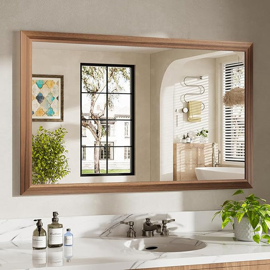 48x30 Inch Bathroom Mirror for Wall, Anti-Rust Walnut Wood Grain Metal Framed Bathroom Mirrors for Over Sink,Rectangler Mirrors for Bathroom Vanity, Farmhouse, Bedroom, Living Room, Entryway Decor