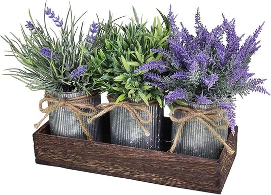 Set of 3 Small Potted Plants Arrangement Artificial Lavender and Grass Plants in Rustic Galvanized Metal Pots with Decorative Wood Tray for Farmhouse Table Centerpiece Windowsill Indoor Greenery Decor