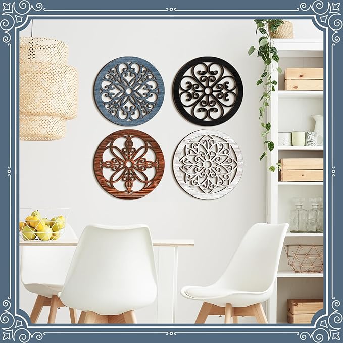 Yulejo 4 Pcs Thicken Rustic Wall Decor Farmhouse Kitchen Wall Round Art Wooden Hollow Carved Design Rustic Art for Living Room Bedroom Hallway Decor (15.7 x 15.7 Inch,Assorted Color)