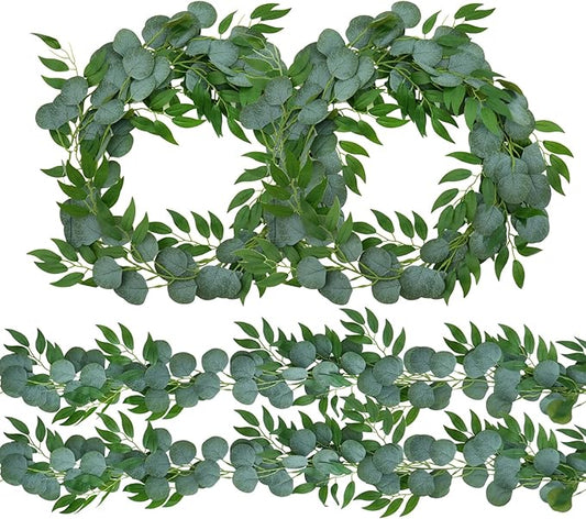 4 Pack Artificial Eucalyptus Garland with Willow Leaves Each 6.5 Feet Fake Greenery Garland Vine for Table Runner Centerpiece Stairs DIY Garlands Decor