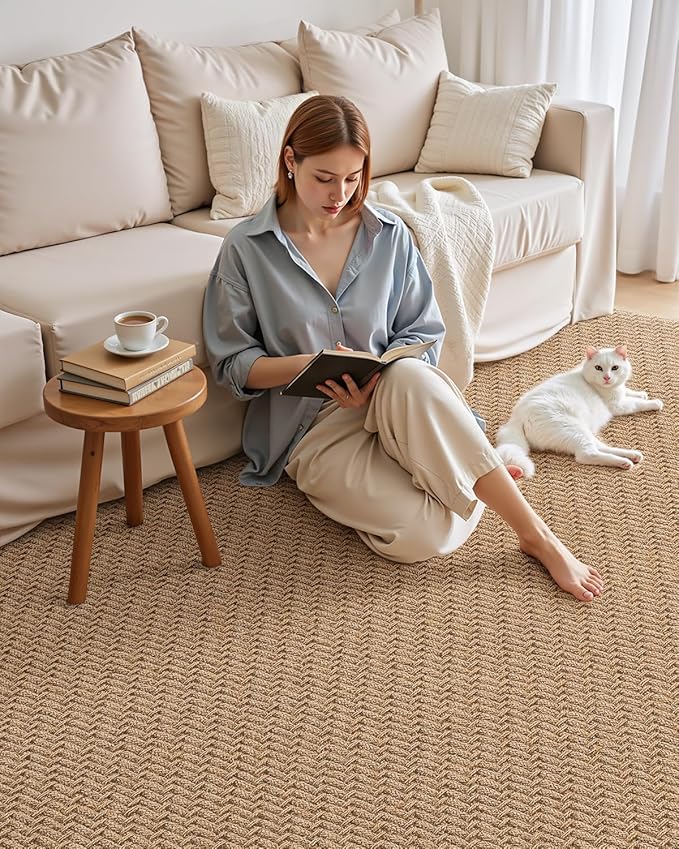 Color&Geometry 6x9 Jute Rug Indoor/Outdoor,Reversible Tan Handwoven Natural Fiber Herringbone Area Rug with Non-Woven Fabric Core, Easy Clean Relaxed Natural Decor for Patio, Deck, Living/Dining Room