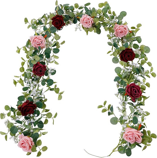 Anna's Whimsy 5.91FT Artificial Eucalyptus Garland with Flowers, Fake Rose Gypsophila, Faux Floral Garland Greenery for Wedding Spring Party Art Table Runner Decor (Pink, 1)