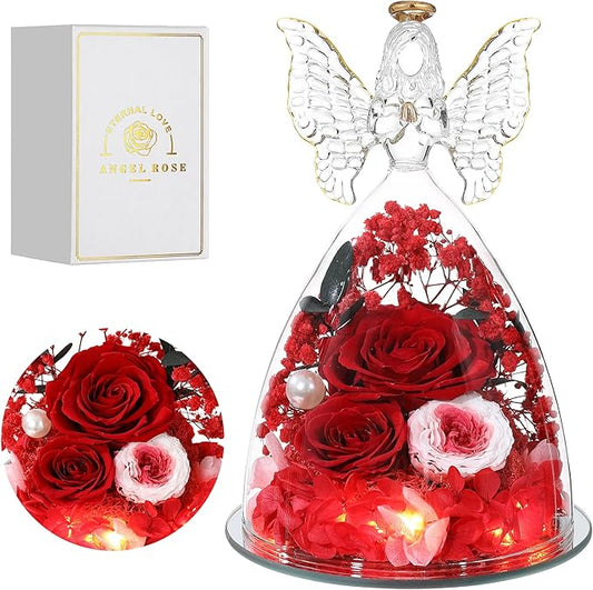 Christmas Rose Gifts for Women Preserved Real Flower in Glass Angel Figurines Roses for Delivery Prime Birthday Gifts for Mom Grandma Girlfriend Wife Her,Red Pink Austin Roses