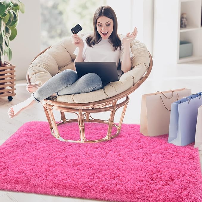 Merelax Soft Modern Indoor Shaggy Rug for Bedroom Livingroom Dorm Kids Room Home Decorative, Non-Slip Plush Fluffy Furry Fur Area Rugs Comfy Nursery Accent Floor Carpet 3x5 Feet, Hot Pink