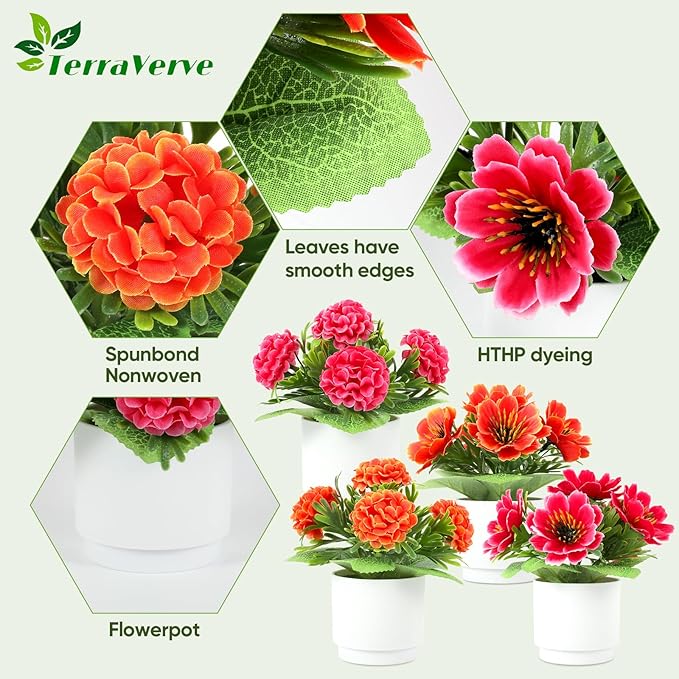 Artificial Plants Set of 4，High Rating Artificialke Flowers|Red Silk Flowers for Home, Office, Bedroom, Bathroom Table Décor & Gifts for Women and Children
