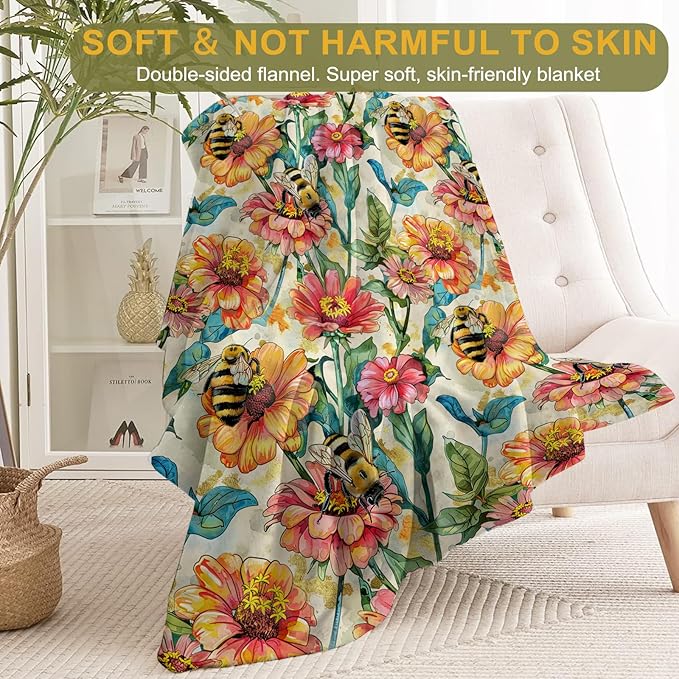 Bee Blooms Throw Blanket 40x50 in, Vibrant Bees and Flowers Pattern Blankets for Couch Bedroom Living Room Indoor Decor, Lightweight Soft Cozy Bedding Birthday Gift for Kids Boys Adults