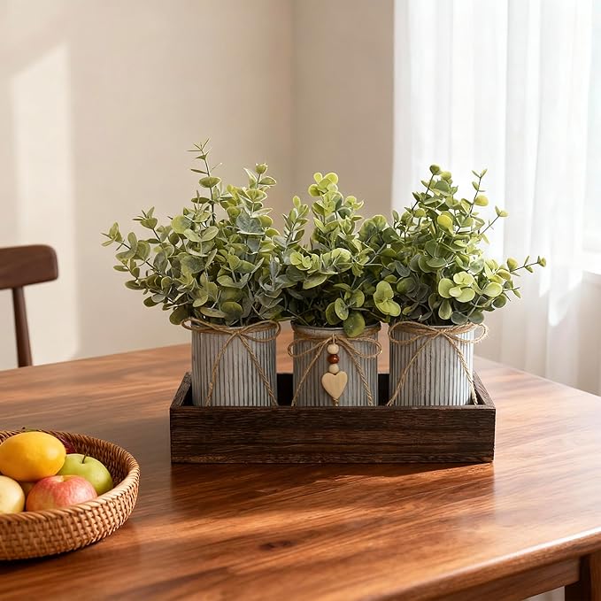 Artificial Flower Decorative Centerpiece, Frosty Green Eucalyptus Table Arrangement with 3 Rustic Metal Pots and Wood Tray for Farmhouse Home Décor