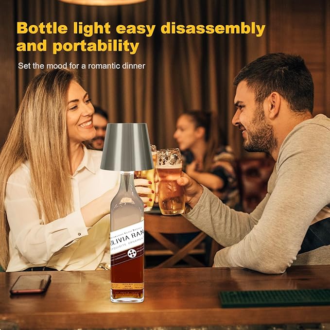 Wireless Bottle Lamp, 2026 New 3 Color Rechargeable Led Wine Bottle Lights for Bars Restaurants (Silver, 1PC)