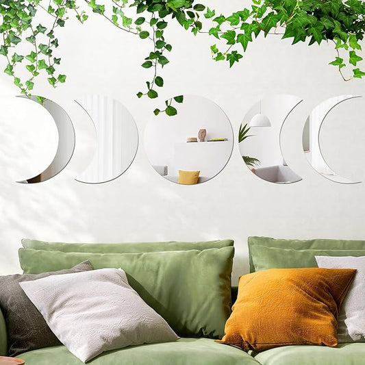 5pieces Moon Phase Mirror Set Wall Decor, Unbreakable Acrylic Self-Adhesive Bohemian Moon Mirror Wall Stickers, Scandinavian Style Aesthetic Home Decor for Bathroom Living Room Office Apartment Dorm