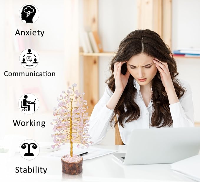 "Rose quartz Healing Crystal Tree Bonsai, Desk Decor for Women Pink Room & Office Decor Spiritual Gift Meditation Crystals for Home room decor cute house warming gifts for women Mom Birthday - 10"""