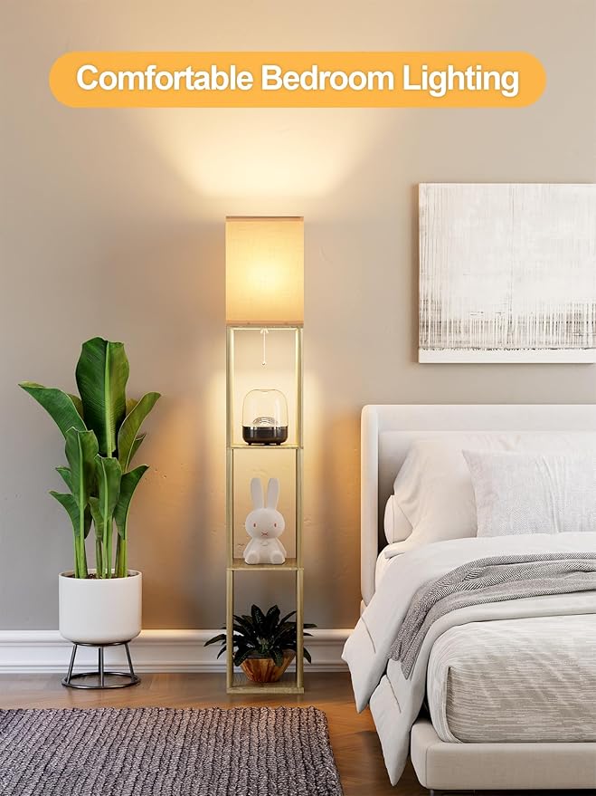 Floor Lamp with Shelves for Living Room Natural Wood, Shelf Floor Lamp with 3 CCT LED Bulb, Corner Display Standing Column Lamp Etagere Organizer Tower Nightstand with White Linen Shade for Bedroom