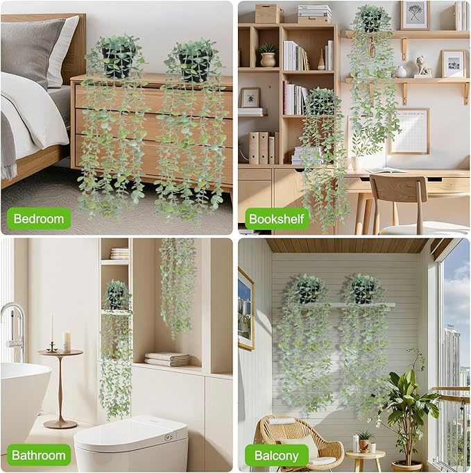 echosari 2 PCS Fake Hanging Plants, Artificial Potted Plants Eucalyptus, Greenery Faux Plants Indoor for Modern Boho Home Bedroom Wall Book Shelf Decor