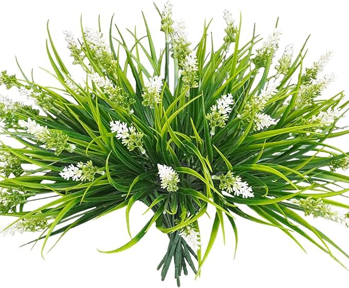 36 Bundles Artificial Plants Outdoor, 18.2" UV Resistant Faux Monkey Grass Greenery Stems No Fade Faux Plastic Flowers Shrubs for Home Weddings Garden Porch Front Patio Office Decor- White