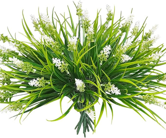 36 Bundles Artificial Plants Outdoor, 18.2" UV Resistant Faux Monkey Grass Greenery Stems No Fade Faux Plastic Flowers Shrubs for Home Weddings Garden Porch Front Patio Office Decor- White