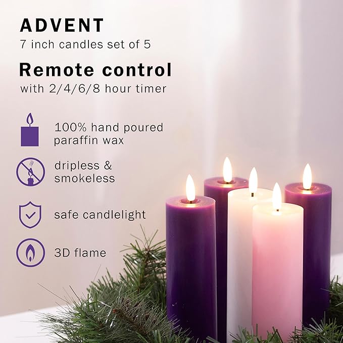 Pillar Advent Candles Set of 5, Battery Operated Advent Candle Set with Remote and Timer, 2x7 Pink and Purple Pillar Candle Set, Flameless Advent Candles for Advent Wreath Pillar Candle Holder