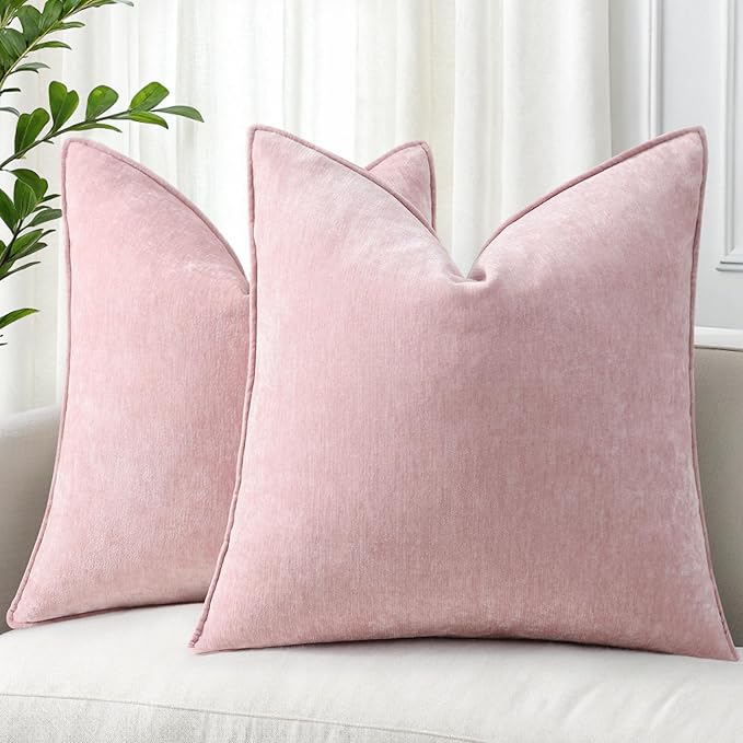 decorUhome Christmas Couch Throw Pillow Covers 24x24 Set of 2, Decorative Soft Euro Velvet Neutral Chenille Pillow Covers with Elegant Design for Sofa Bed Living Room Home Decor, Blush Pink