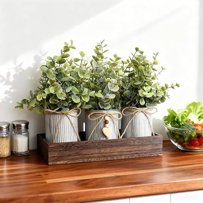 Artificial Flower Decorative Centerpiece, Frosty Green Eucalyptus Table Arrangement with 3 Rustic Metal Pots and Wood Tray for Farmhouse Home Décor