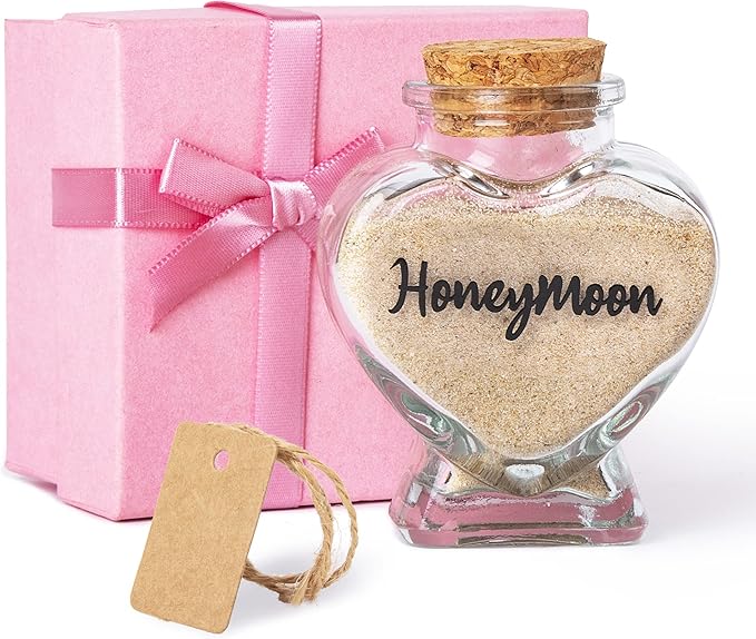 Honeymoon Sand Keepsake Jar, Bridal Shower, Wedding, Engagement, Honeymoon, Travel Gift for Couples, Newlywed, Fiance(Gift Box Includes) - 40ml Heart Shape Glass