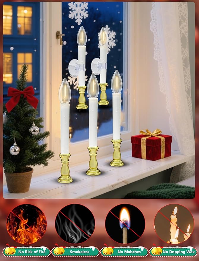 10 Pack Christmas Window Candles Lights, Battery Operated Flameless Candles with C26 LED Bulbs, 6-18H Timed Christmas Electric Candle Holders for Indoor Window Wedding Party Xmas Decor, Gold Base