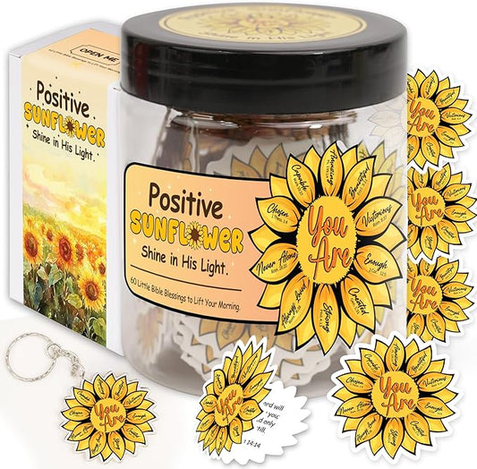 Positive Sunflower Bible Verse Jar – 60 Scripture Cards of Encouragement, Christian Gifts for Women, Religious Sunflower Notes, Inspirational Scripture Jar with Gift Box & Keychain