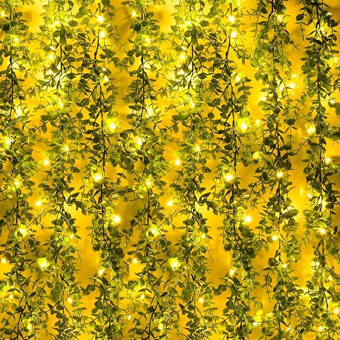 Dolicer 3 Packs Eucalyptus Garland with LED Lights String, 18FT Faux Eucalyptus Greenery Garland, Artificial Hanging Green Eucalyptus Leaves Vine Wedding Backdrop Arch Wall Table Decor (Grey Green)