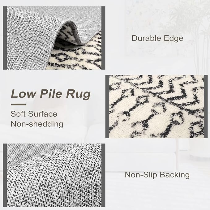 Moroccan Hallway Runner Rug, 2'6''x8' Ktchen Rugs Non Slip Washable, Low-Pile Distressed Bathroom Runner Rug Black Rugs for Bedroom Bathroom Kitchen Entryway Laundry Room