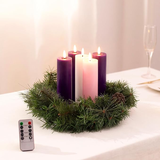 Pillar Advent Candles Set of 5, Battery Operated Advent Candle Set with Remote and Timer, 2x7 Pink and Purple Pillar Candle Set, Flameless Advent Candles for Advent Wreath Pillar Candle Holder