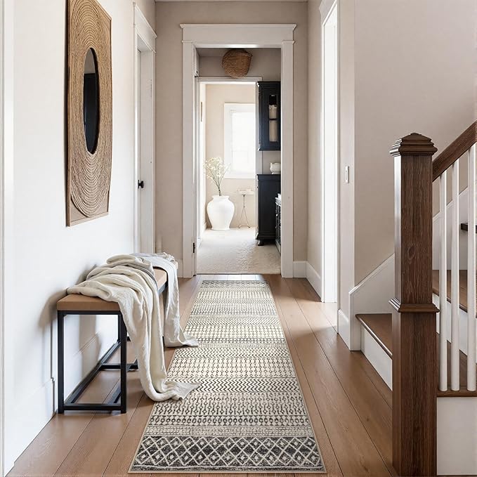 Moroccan Hallway Runner Rug, 2'6''x8' Ktchen Rugs Non Slip Washable, Low-Pile Distressed Bathroom Runner Rug Black Rugs for Bedroom Bathroom Kitchen Entryway Laundry Room