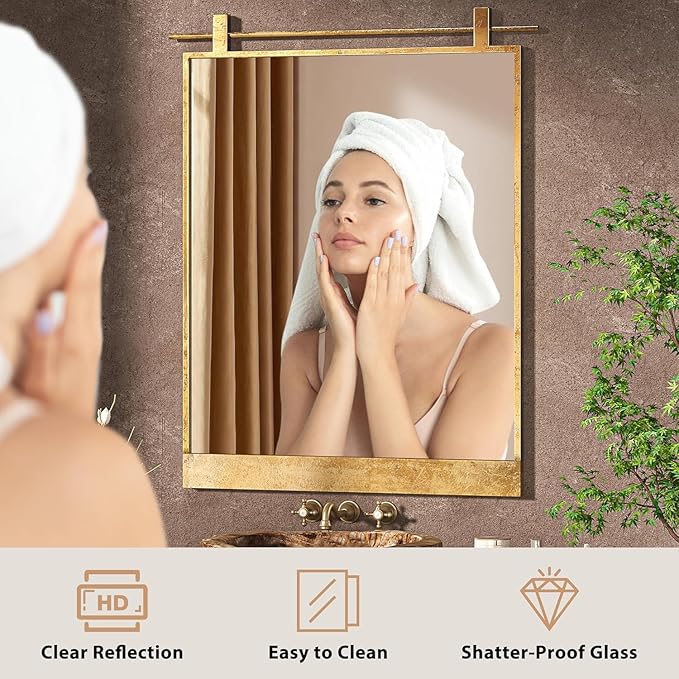 24x32 Inch Rectangle Bathroom Vanity Mirror for Wall Mounted Over Sink Farmhouse Rustic Matte Brushed Gold Barn Door Mirrors Foyer Entryway Decor