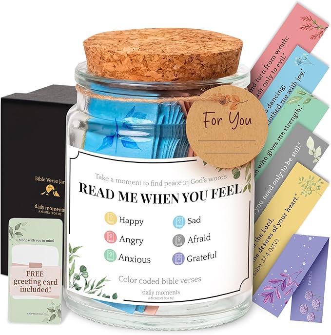 Bible Verse Jar – Christian Gifts for Women Faith, Christmas Gifts for Mom, 90 Color Coded Bible Verses in a Jar for Men, Read Me When for Jesus Prayer, Christian Decor & Accessories