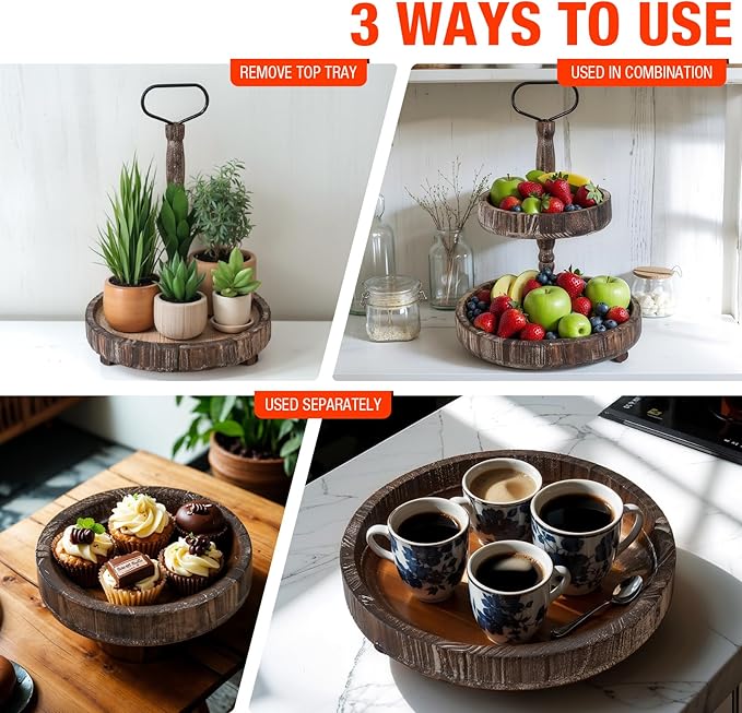 Farmhouse 2 Tiered Tray Stand for Home Decor, Wooden Serving Tray with Handle for Coffee Bar Table Centerpiece Round Seasonal Decorative Tiered Trays for Fruits, Desserts