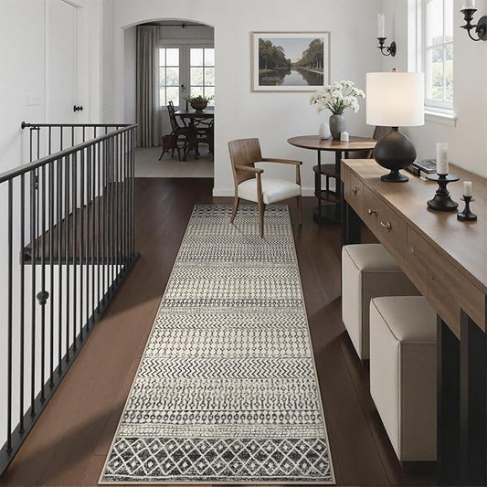 Moroccan Hallway Runner Rug, 2'6''x8' Ktchen Rugs Non Slip Washable, Low-Pile Distressed Bathroom Runner Rug Black Rugs for Bedroom Bathroom Kitchen Entryway Laundry Room