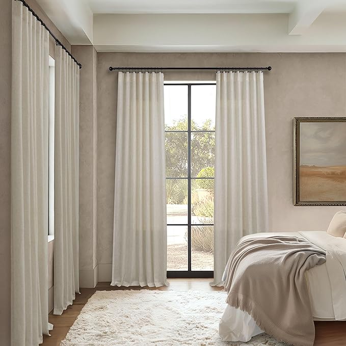 Flax Linen Curtains 108 Inches Long for Kids Room 2 Panels Back Tab Pocket Window Draperies Light Filtering Semi Privacy Beige Sheer Curtains for Living Room Sliding Door Track Cotton Canvas Look 9 FT
