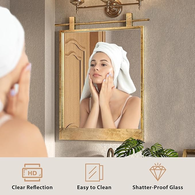 Gold Bathroom Mirror 20" x 28" Brushed Gold Rustic Rectangle Metal Framed Barn Door Farmhouse Bathroom Vanity Mirror for Over Sink, Foyer Entryway Decor