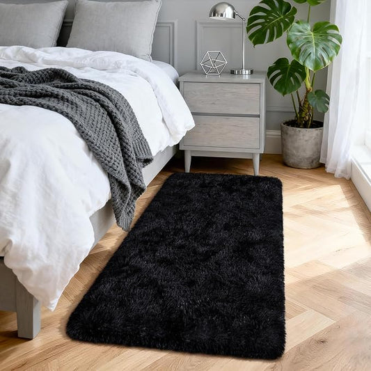 Merelax Fluffy Shaggy Small Area Rug, Black 2x4 Runner Rugs for Bedside Christmas Decor, Mini Fuzzy Plush Throw Rug, Soft Non-Slip Entryway Shag Catpet for Livingroom Holiday Home Aesthetic
