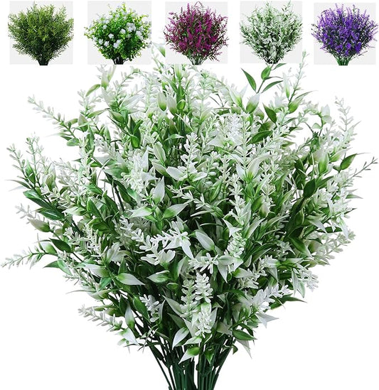8 Pack Artificial Plants Flowers Grass Shrubs No Fade Faux Plastic Flowers Outdoor for Vases Farmhouse Garden Porch Patio Office Indoor Wedding Decoration Greenery Fake Plants (5#White)