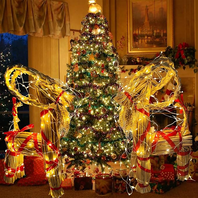 15.7" Lighted Christmas Straw Goat Home Decor Swedish Scandinavian Yule Style Decorative Handmade Ornaments with LED Light for Indoor Christmas Home Kitchen Bedroom Decor
