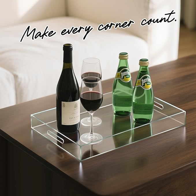 Clear Acrylic Serving Tray with Handles-Butler Trays for Coffee Table, Snacks,Breakfast in Bed, Kitchen Countertop,Vanity,Makeup Organizer,Ottoman (Clear, 12x20 Inch)